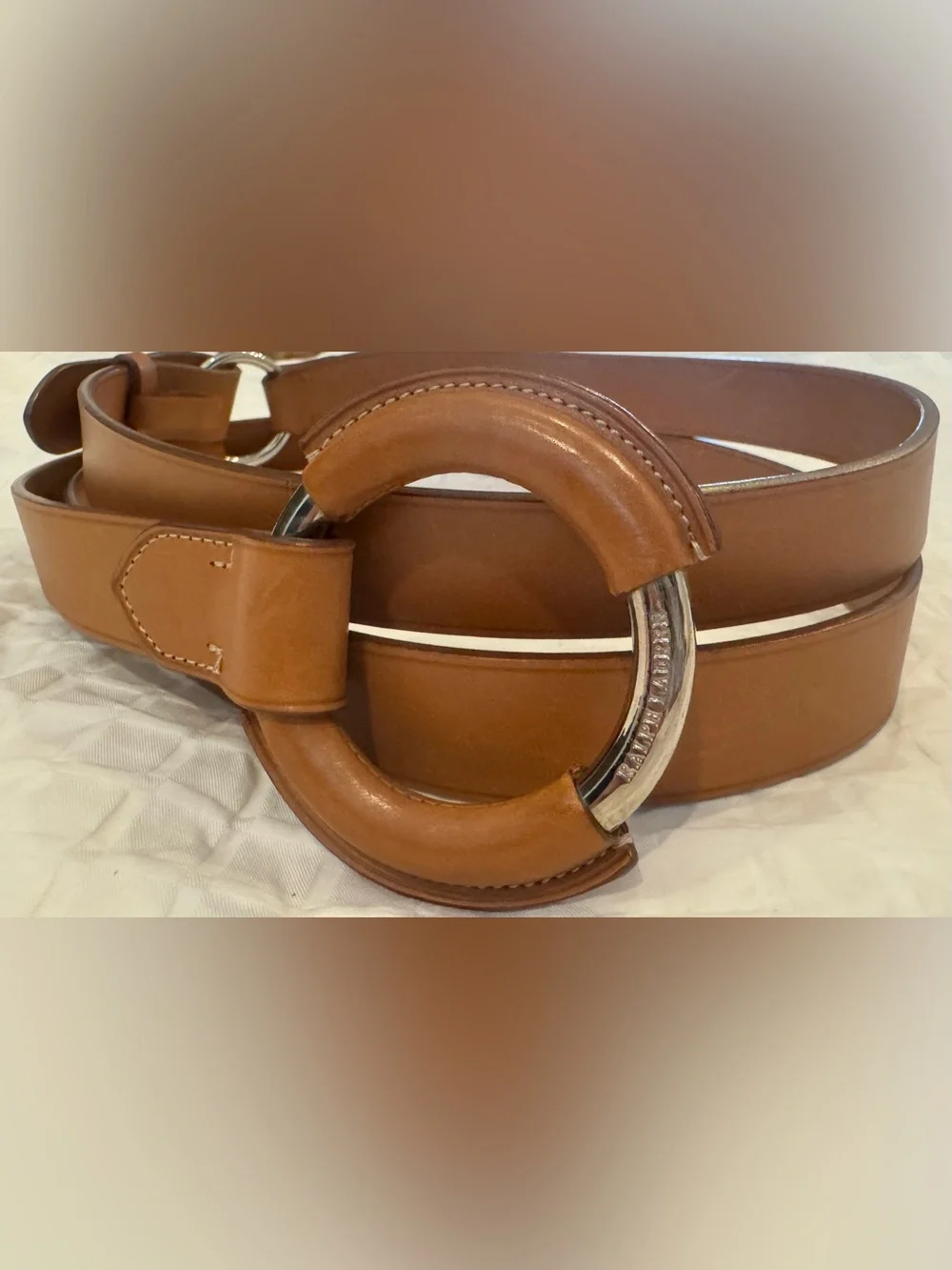 RALPH LAUREN Leather O-Ring Double Wrap Belt Equestrian Tan Brown Large